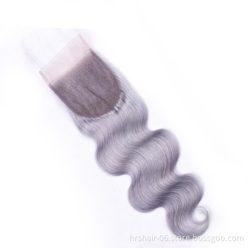 hair extension products  Brazilian virgin hair grey silver body wave 10A lace frontal closure